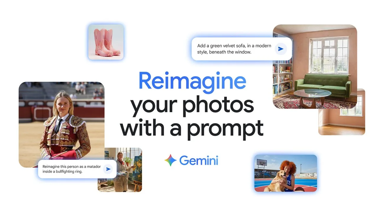 Google’s Nano Banana launch collage showing image edits and Gemini prompts.