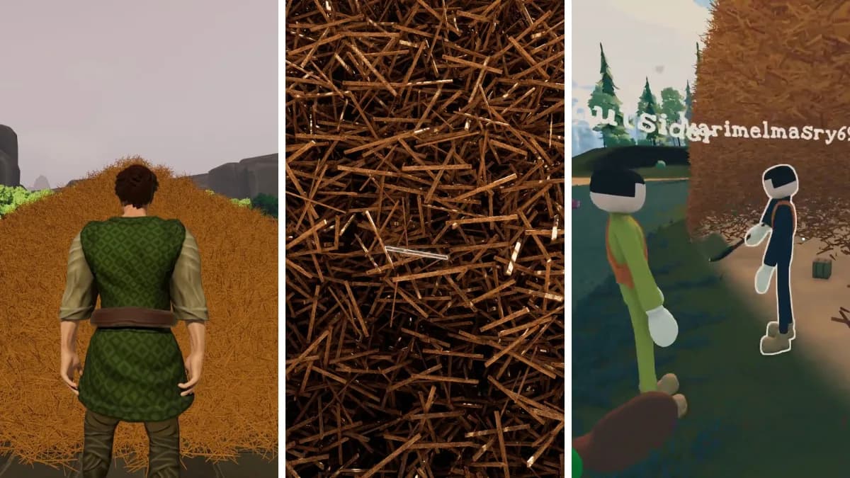 Three needle in haystack games, featuring imagery of haystacks and people sorting through them
