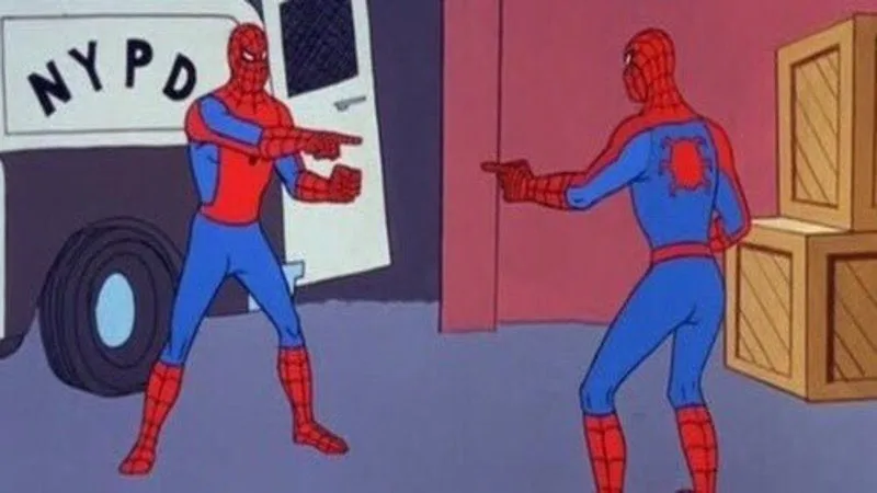 Cartoon of two people in Spider-Man costumes pointing at each other