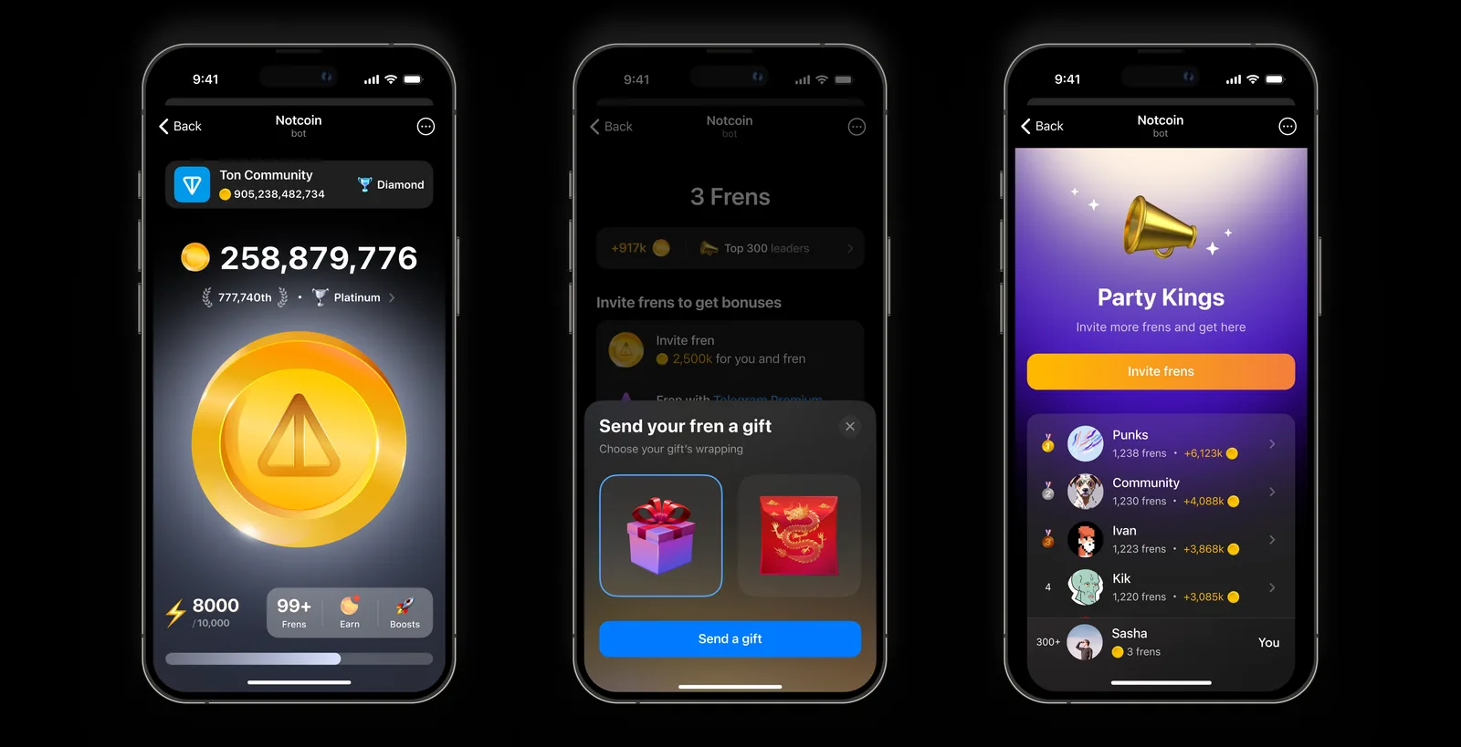 Notcoin-supplied screenshots showing the tapping screen, referral gifts and invite leaderboard.