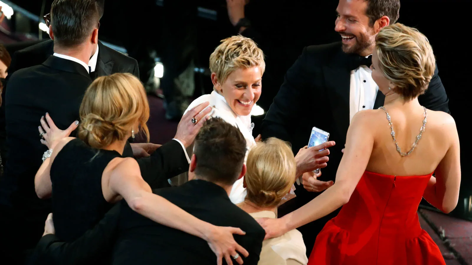 HOLLYWOOD, ?CA March 2, 2014 ????Host Ellen DeGeneres shares a laugh with Oscar nominees after tak