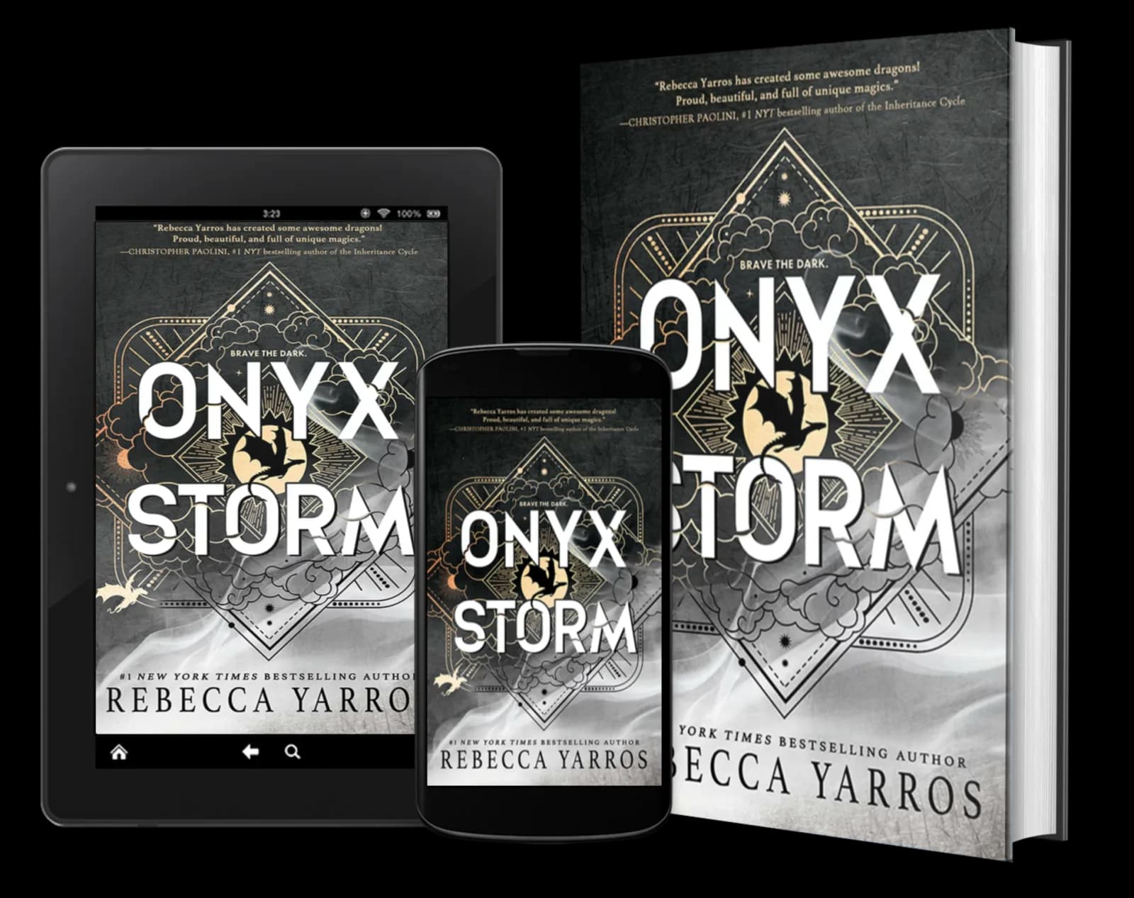 Onyx Storm print book and ebook cover images from Rebecca Yarros’s official book page.