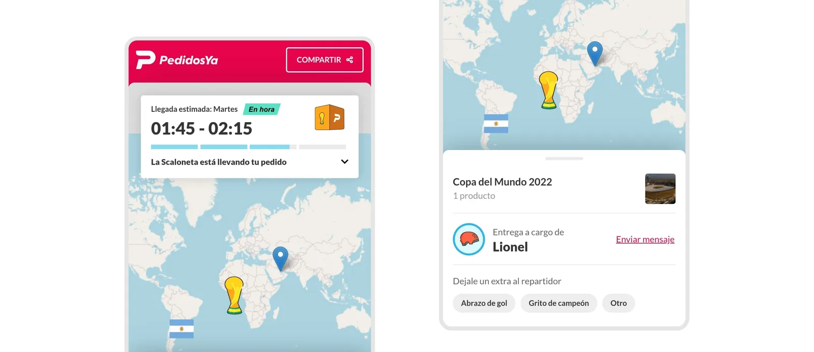 Campaign vendor’s screenshot of the World Cup delivery tracker, with Lionel as courier.