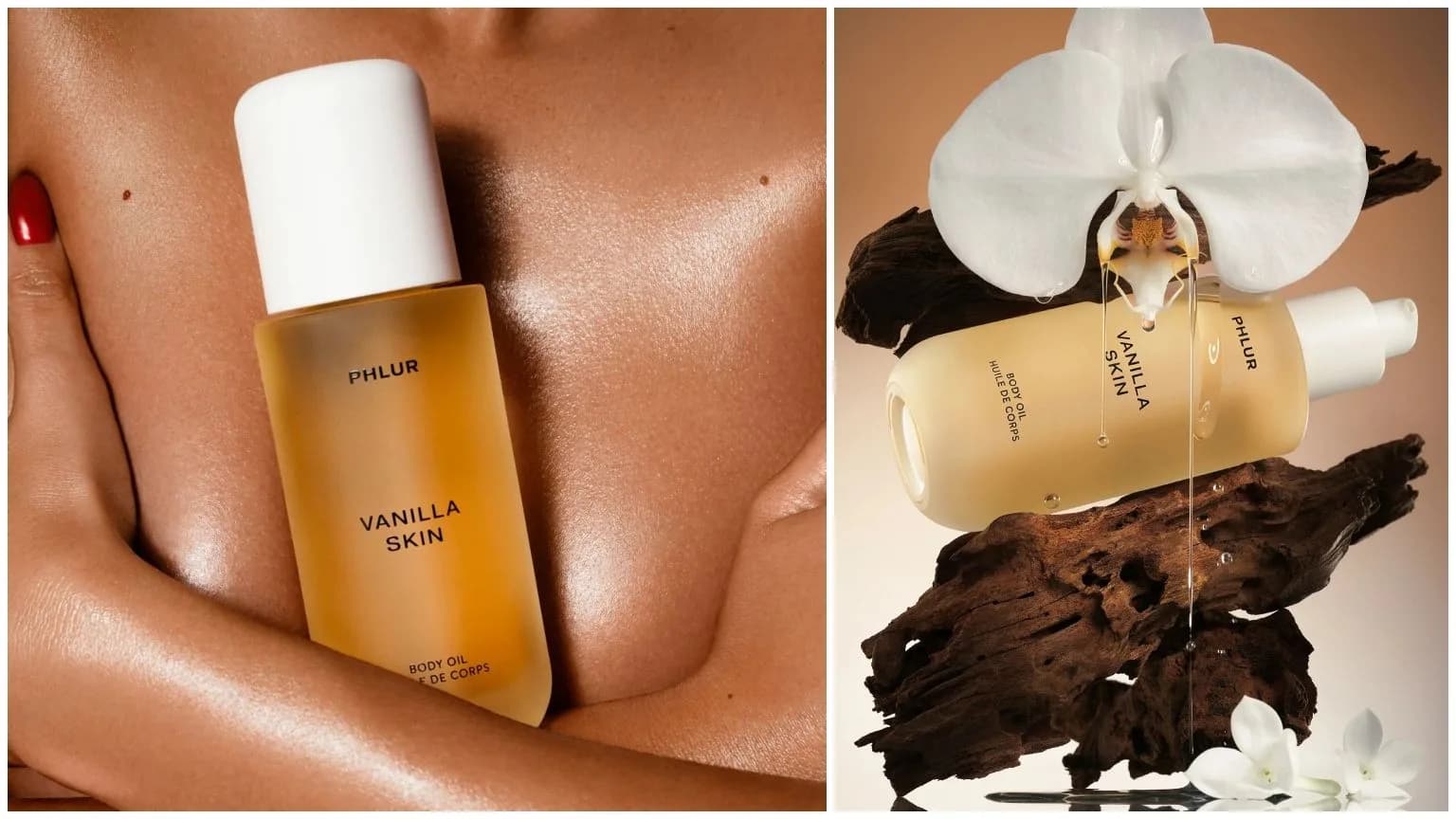 split image of woman with glowing skin holding phlur vanilla skin body oil against chest and body oil bottle with wood and florals on gradient background with white border