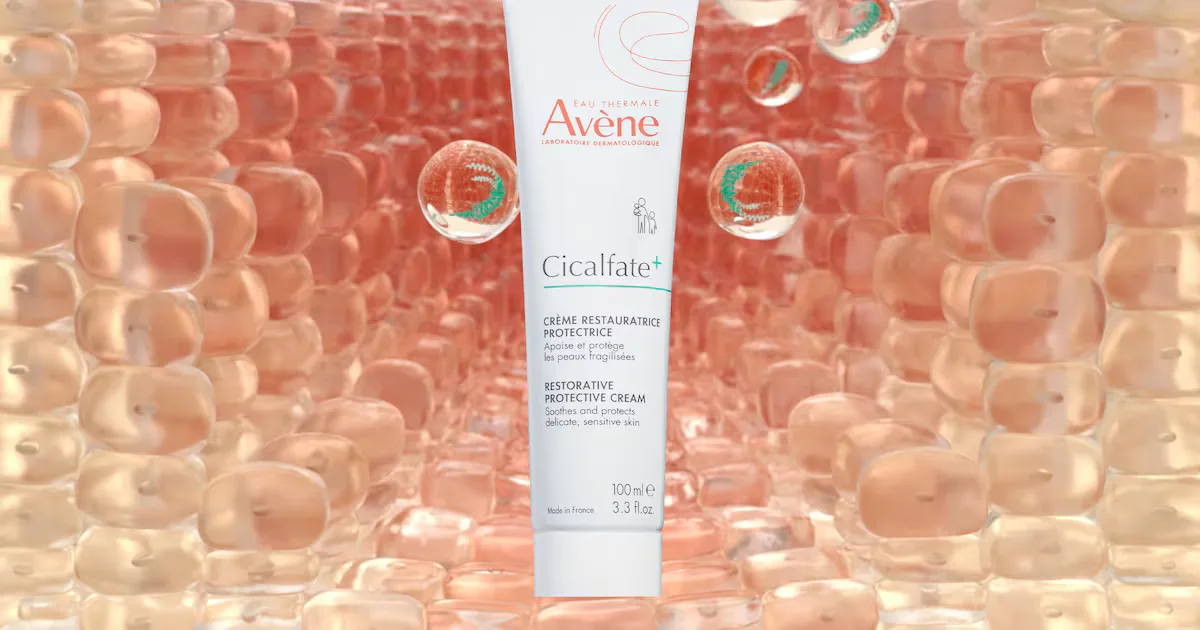 A graphic for National Skin Barrier Day. It appears to show skin cells, which are rendered as bubble-like shapes, overlayed with a tube of Avène Cicalfate moisturiser.