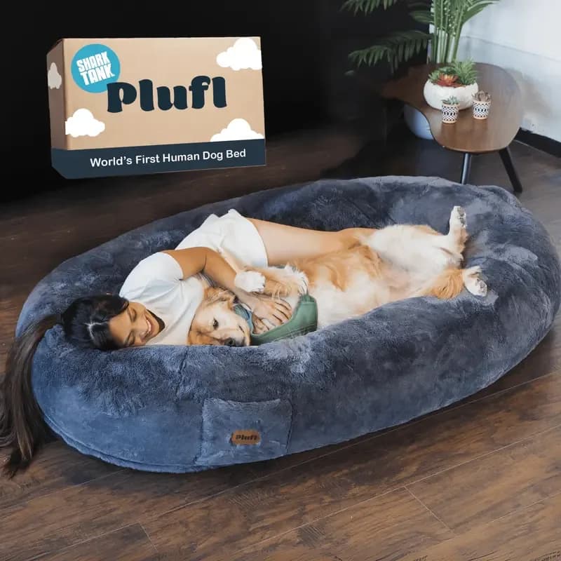 Plufl Human Dog Bed Standard Size Checkered Biscuit Charcoal