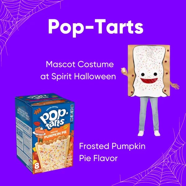 Kellanova press image of a Strawberry mascot costume beside seasonal Pumpkin Pie Pop-Tarts.