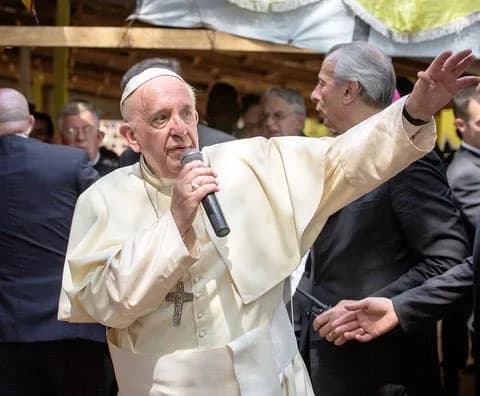 The pope always looks like he's rapping to a crowd when he's holding a Microphone up high to his mouth. Other hand is usually motioning ✝️