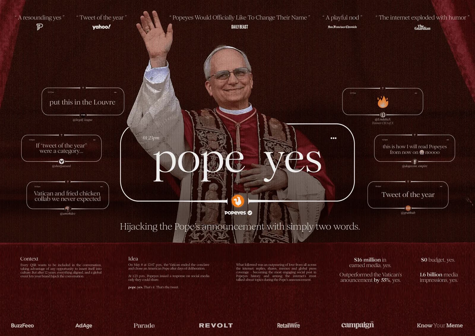 Official Pope Yes campaign case board, showing the pun and reported reactions