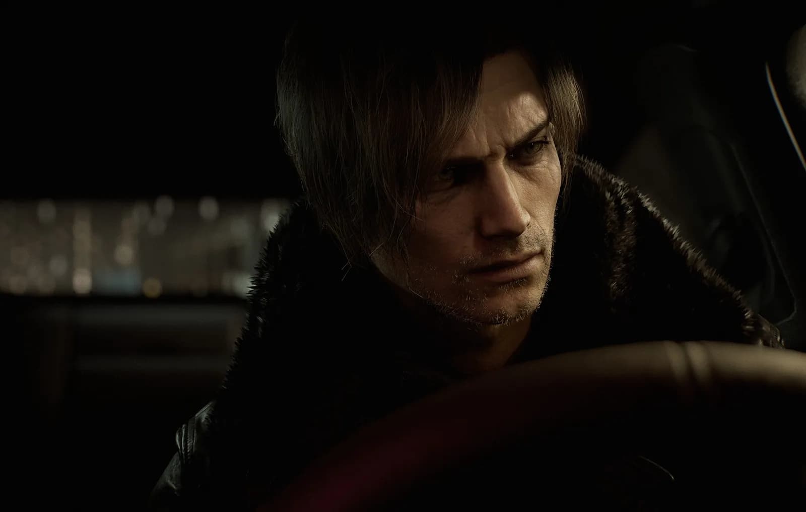 Leon driving a Porsche in 'Resident Evil Requiem'.
