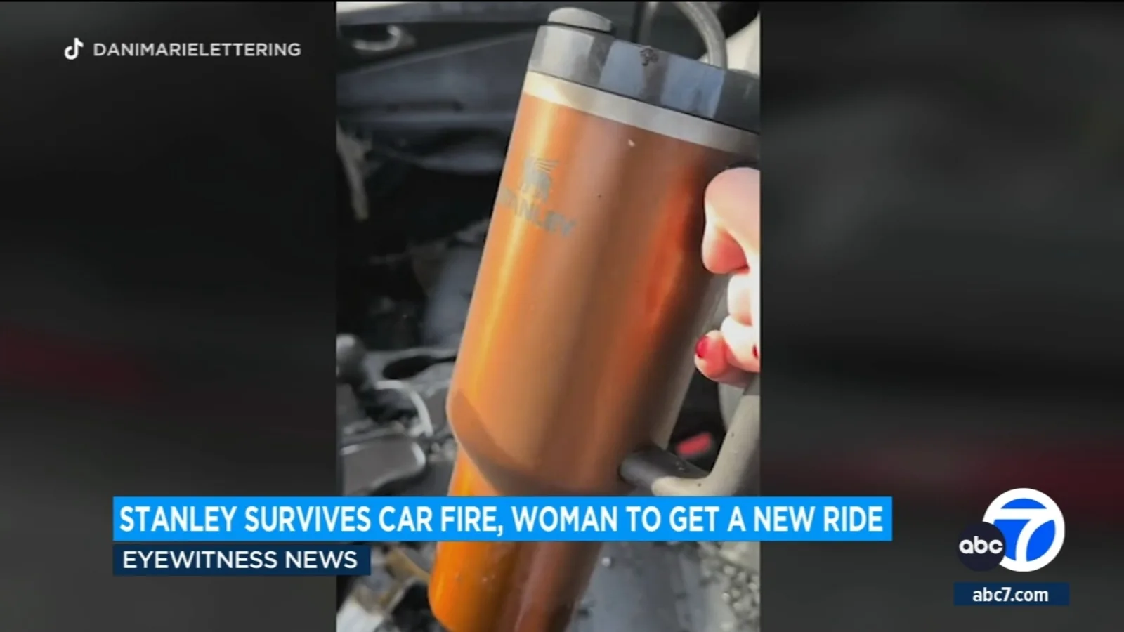 Woman's Stanley tumbler survived a car fire - Now the company is giving her free cups and a new ride