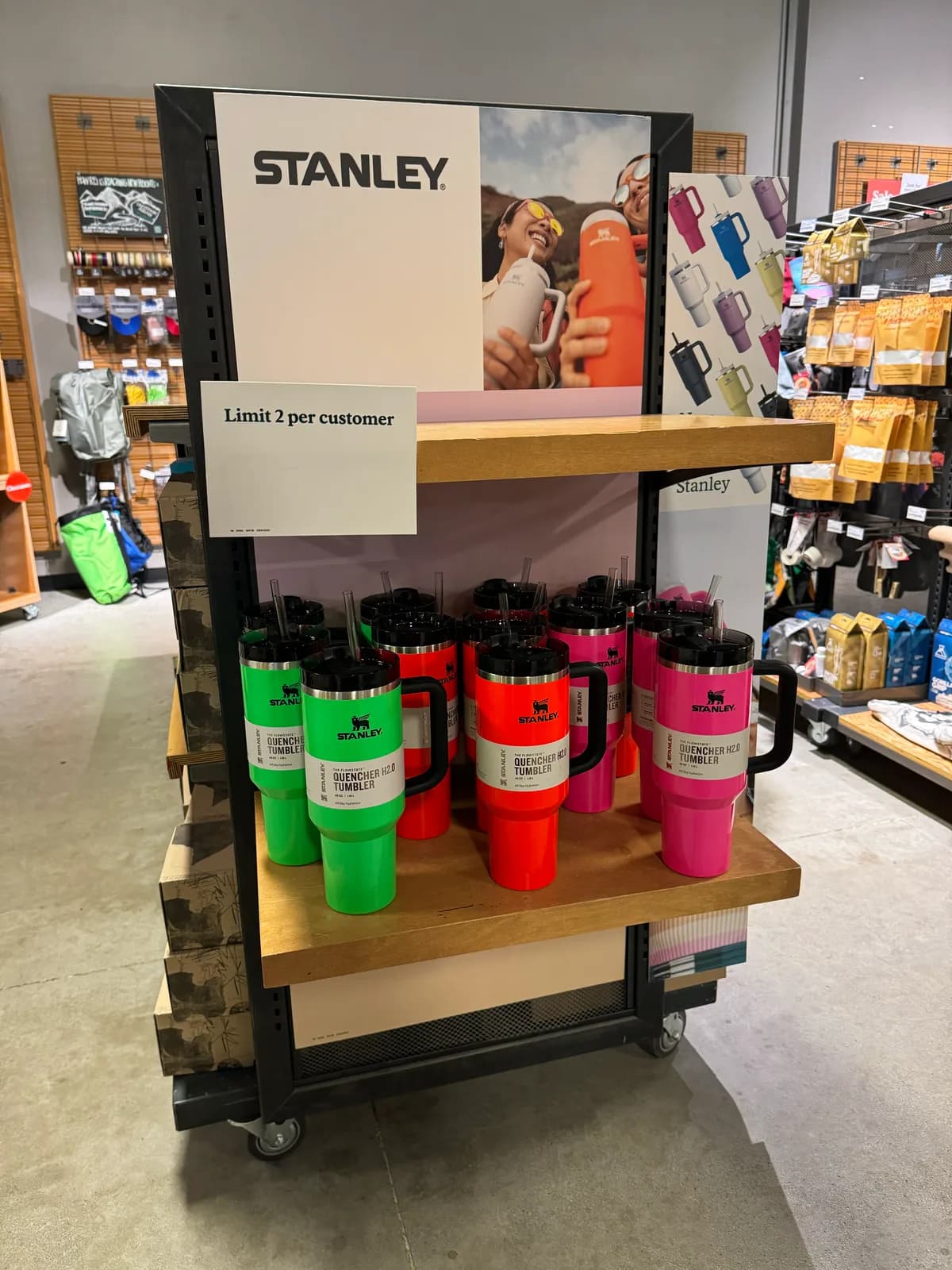 REI display for the Stanley Quencher H2.0: limit 2 per customer, March 2024