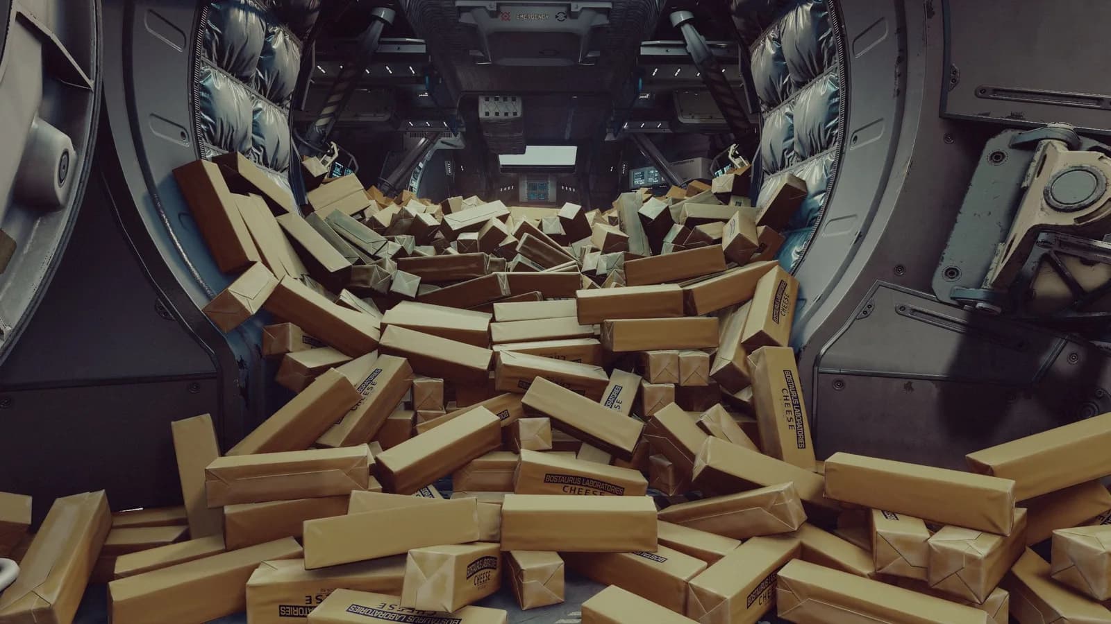 Starfield - thousands of blocks of cheese spill out of the hatch of a cockpit