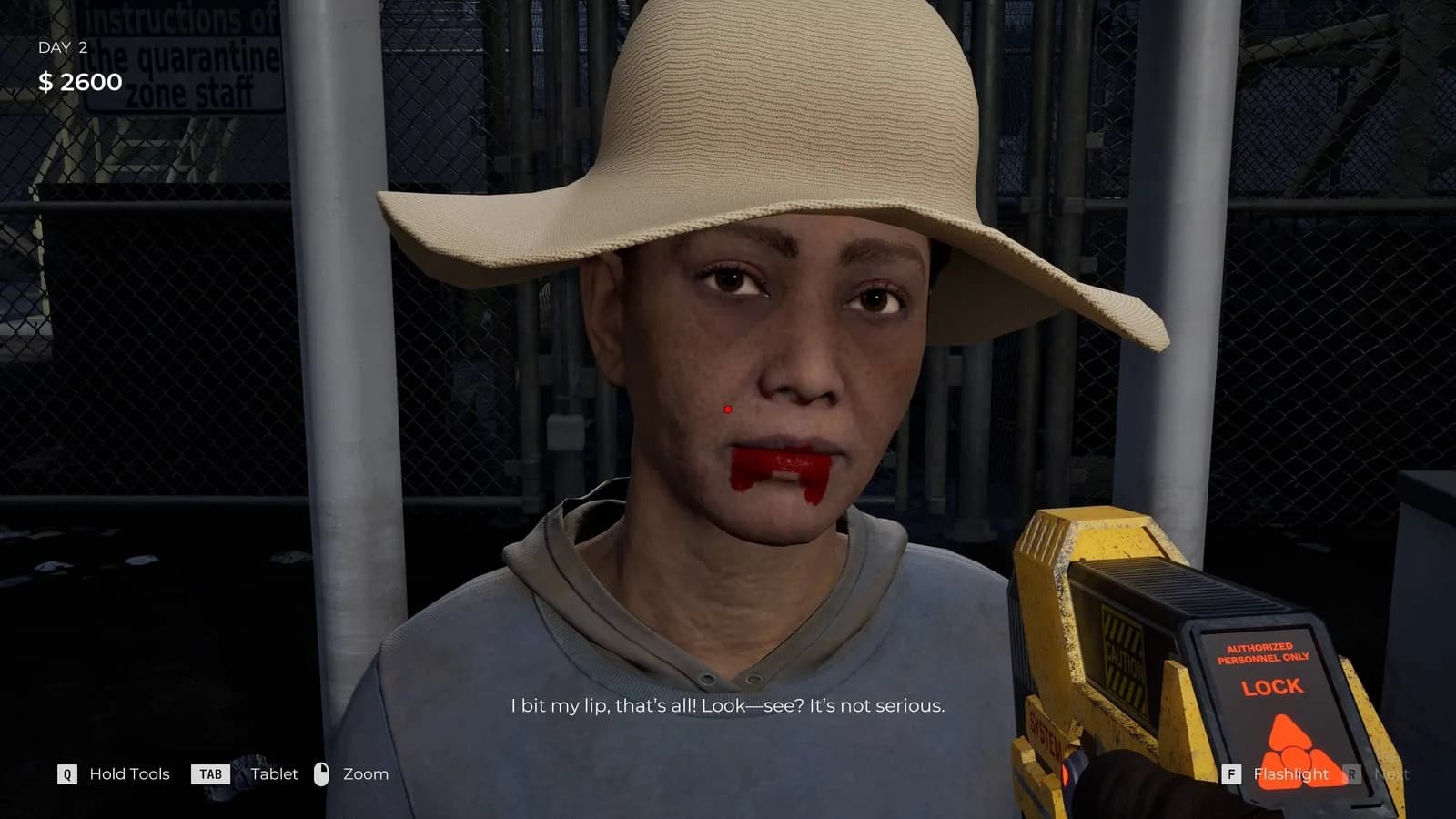 A woman with a bloody mouth and floppy hat