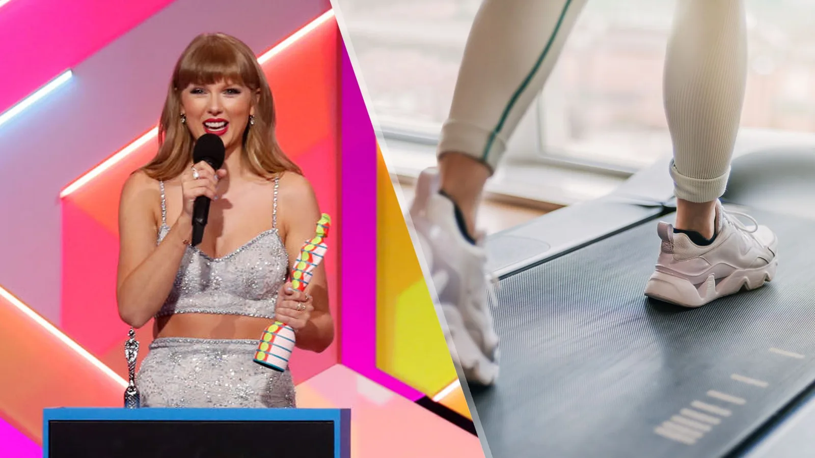 a photo of Taylor Swift on stage at the Brits, and legs walking on a treadmill