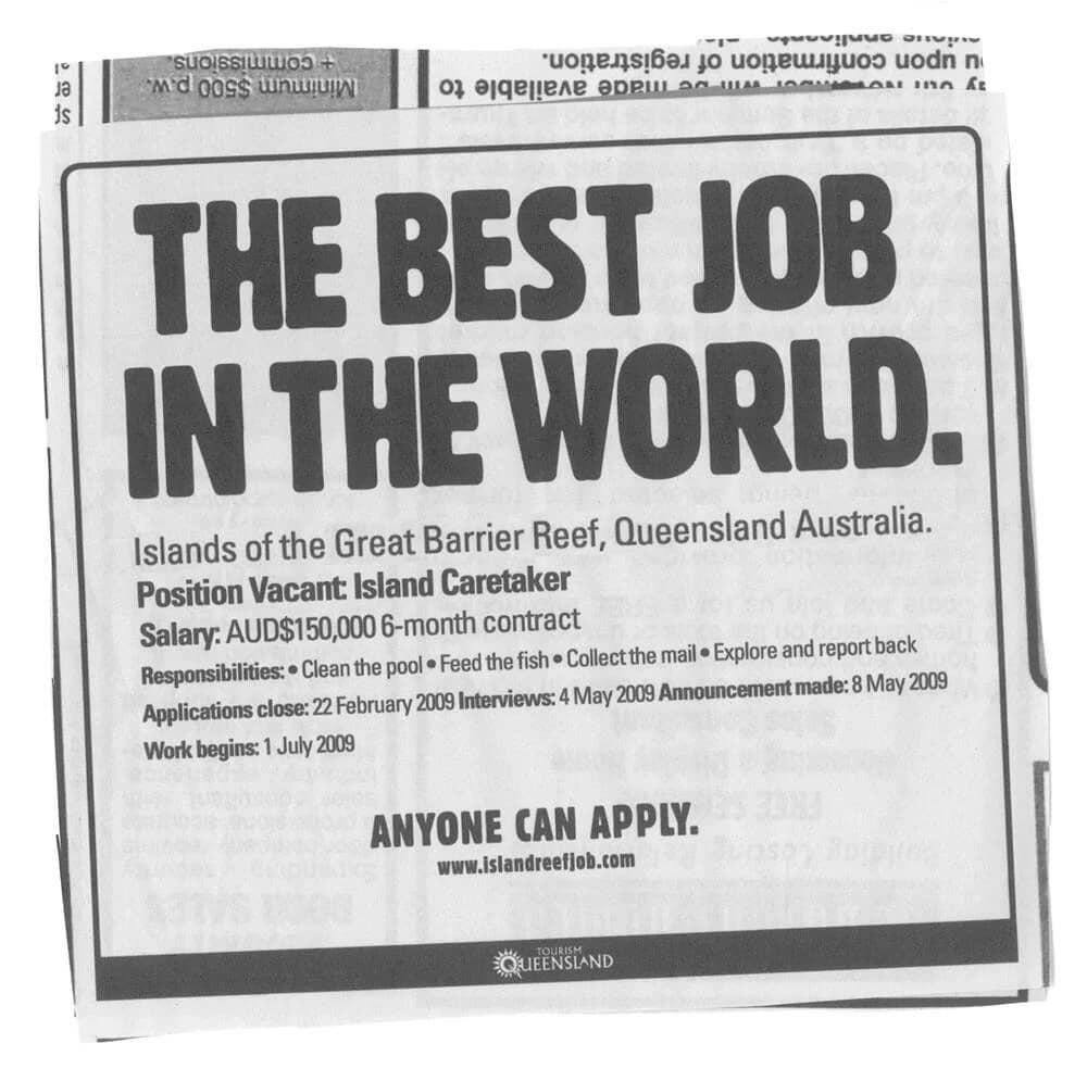 The Best Job in the World island-caretaker recruitment advertisement. Original January 2009 campaign creative.