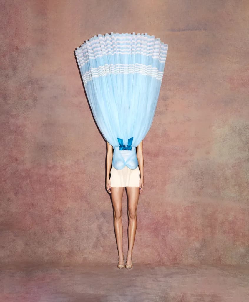 The blue upside-down gown from Late Stage Capitalism Waltz, photographed for the museum exhibition.
