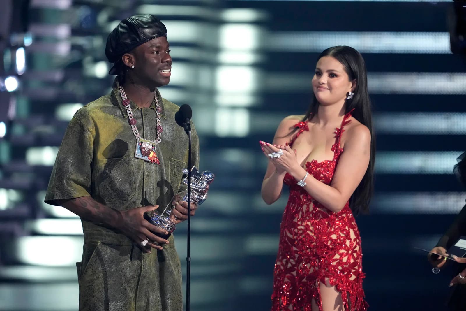 Rema, left, and Selena Gomez accept the award for best Afrobeats for "Calm Down" during the MTV Video Music Awards on Sept. 12, 2023, at the Prudential Center in Newark, N.J. African music is…