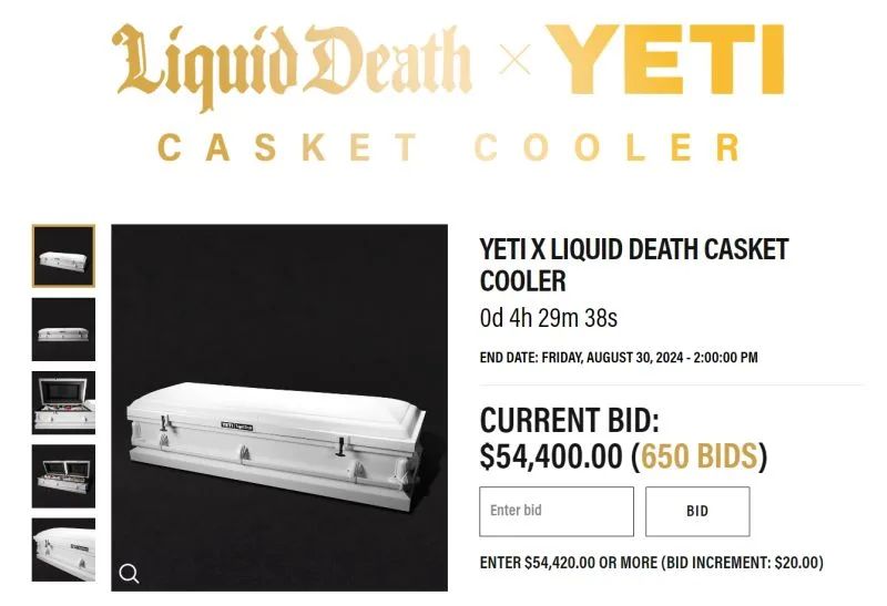 I love this fun PR stunt from YETI + Liquid Death. They are auctioning off a death casket cooler. This is a great lesson on how to create your own PR and your own story in a creative way! | Eve…