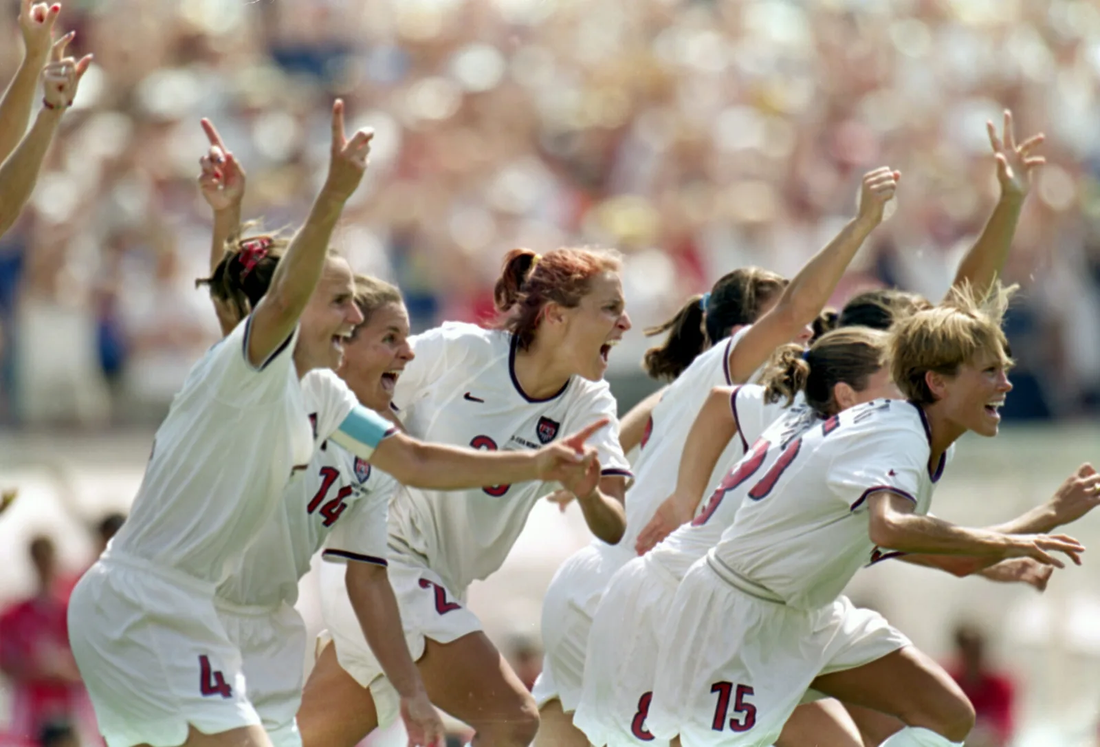 US players celebrating the winning penalty in the 1999 final