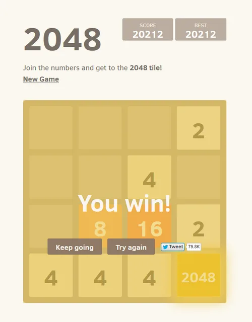 2048 winning board, April 2014; MIT licence