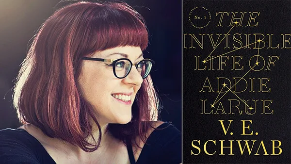 V.E. Schwab beside the Addie LaRue cover