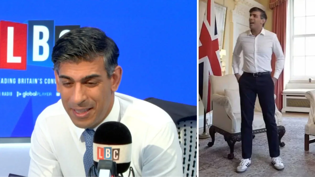 Rishi Sunak on LBC, beside the photo of him in Sambas