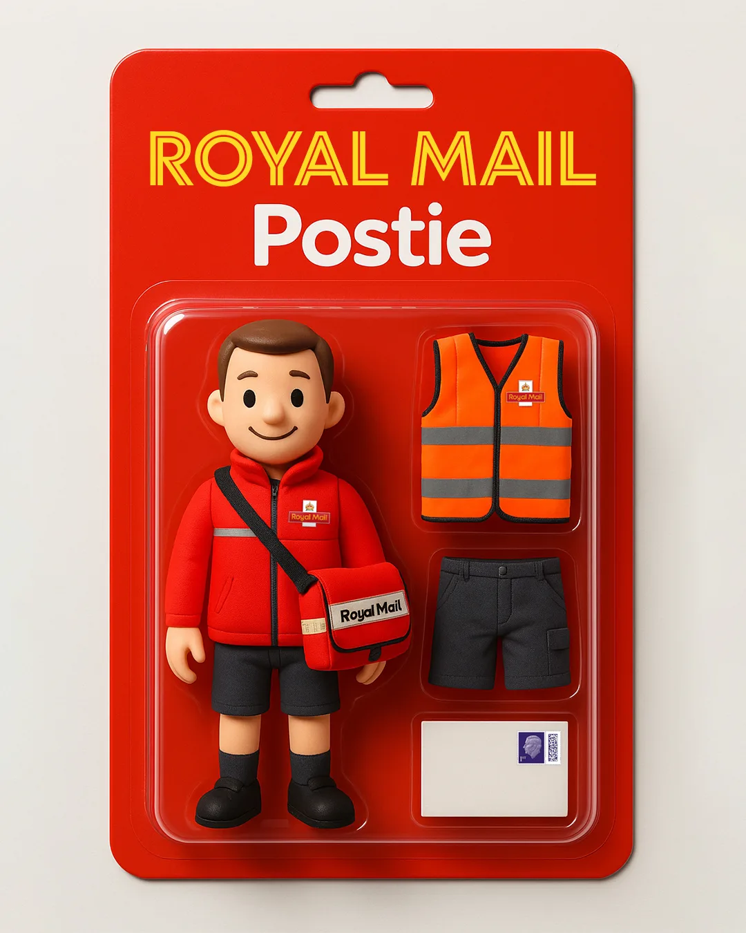 An image of a toy in a blister pack, featuring a postman with mail bag and high visibility jacket, shorts and a letter as accessories
