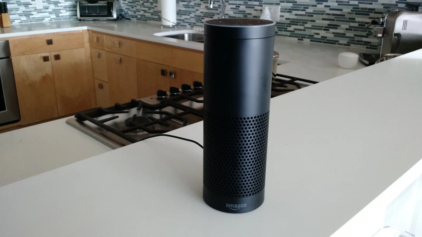 An Amazon Echo on a kitchen counter