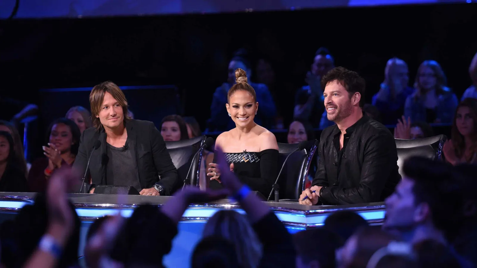 Keith Urban, Jennifer Lopez and Harry Connick, Jr, on American Idol XIV airing Wednesday, April 8, 2015.