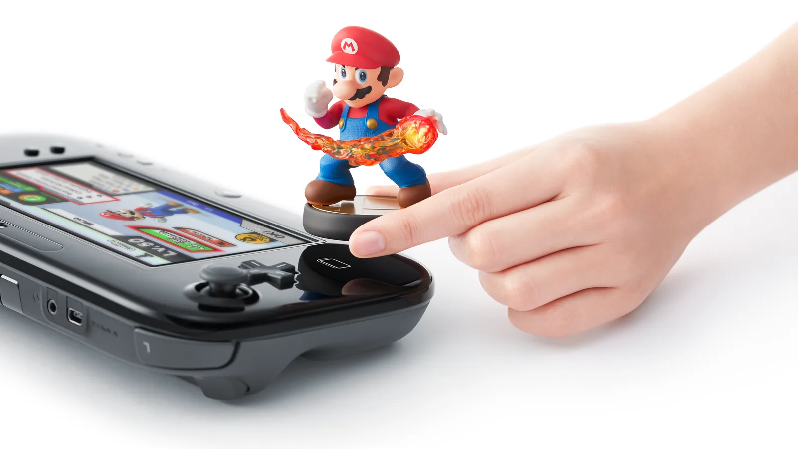 A Mario amiibo tapped on the Wii U GamePad