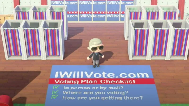 The Biden campaign island, with an I Will Vote sign in the game