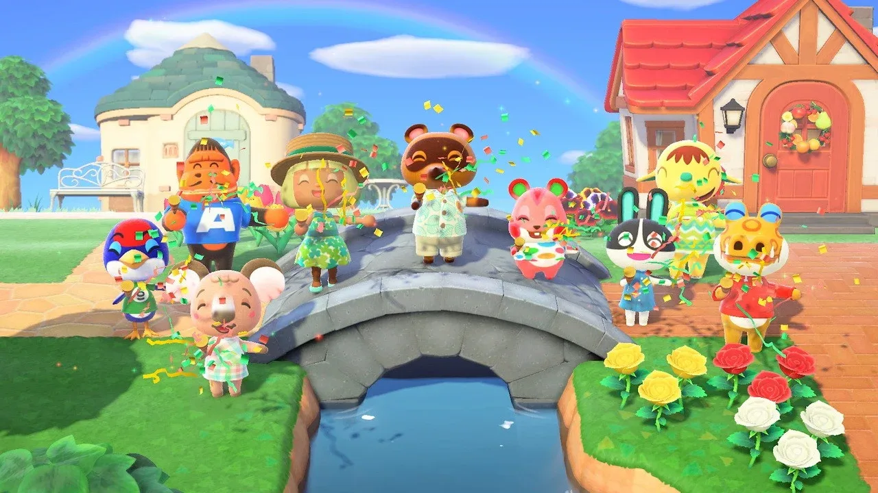 Villagers gather on a bridge in New Horizons
