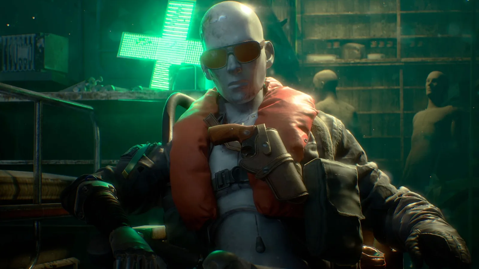 Arc Raiders Reveal in Ruins: An upper-body shot of Lance, the robot medic wearing sunglasses and a gun holster on his check, casually sitting in a chair in his room, lit by a neon medical sign.