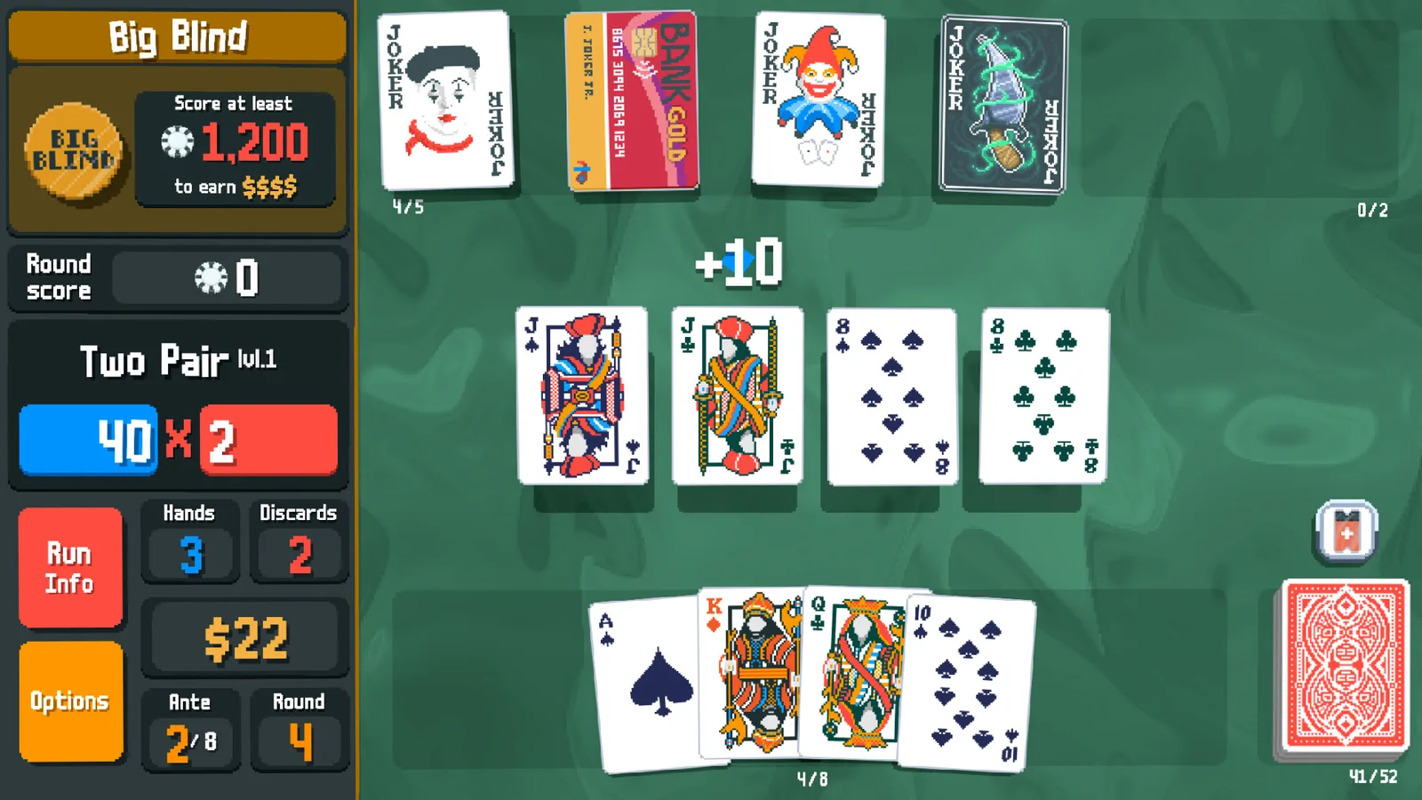 Official gameplay screenshot showing a two-pair hand, Jokers and the Big Blind target.