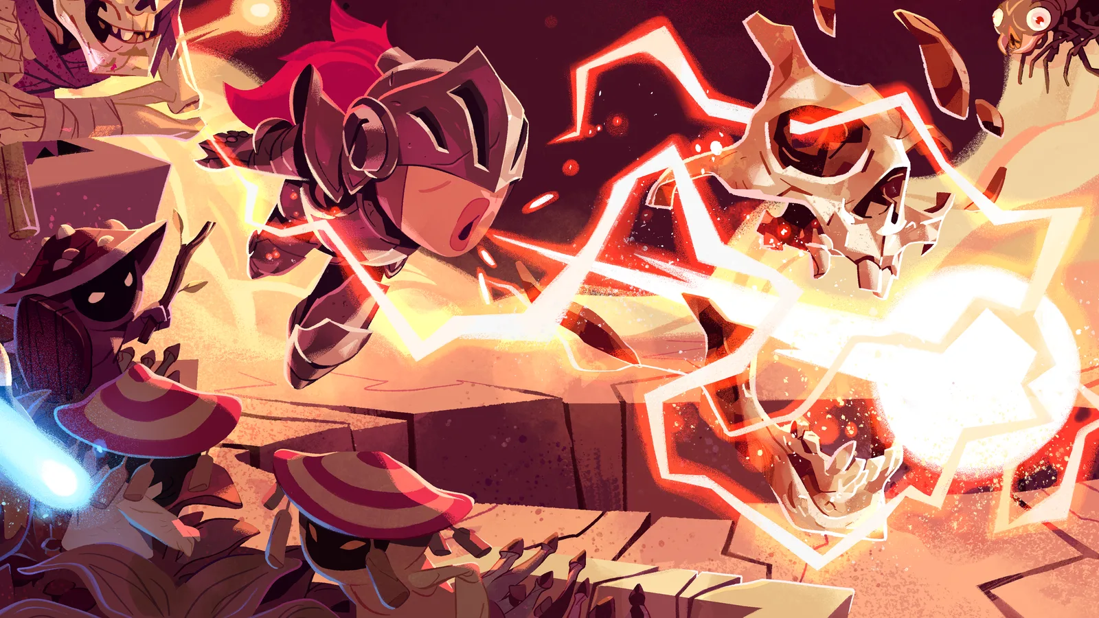 A warrior firing an electrified ball out of their mouth to destroy a skeleton in Ball X Pit.