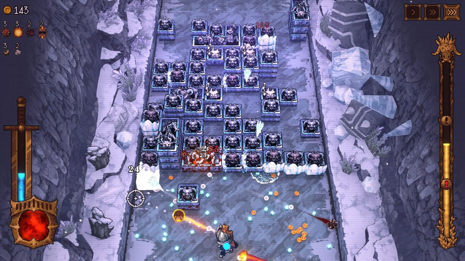 A horde of enemies in an ice level in Ball X Pit.