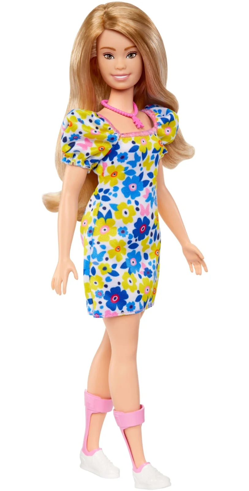 Official Mattel product photos of Fashionistas doll #208 with floral dress and pink ankle-foot orthotics.