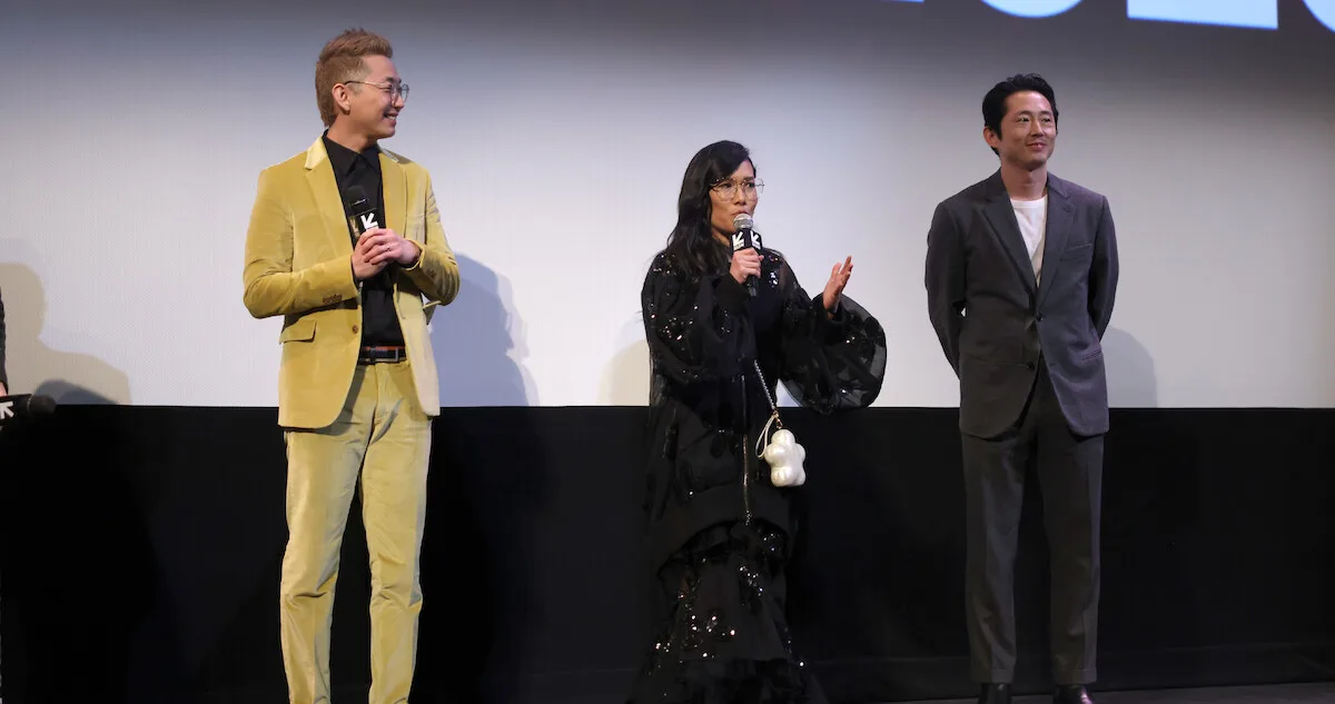 Creator Lee Sung Jin, Ali Wong and Steven Yeun on stage at a Beef event.