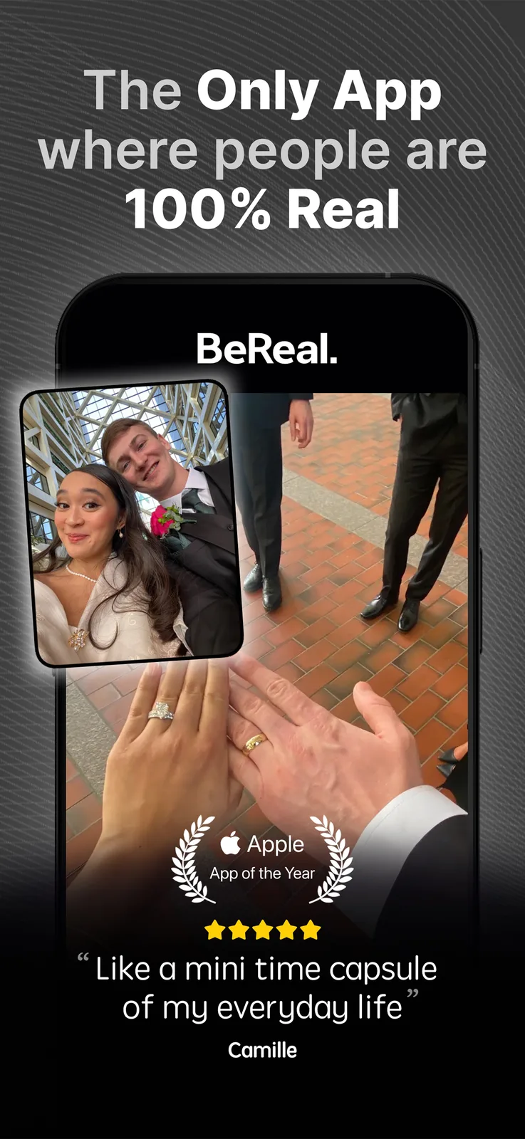 Current official App Store screenshot showing BeReal’s paired front-and-back camera photo.