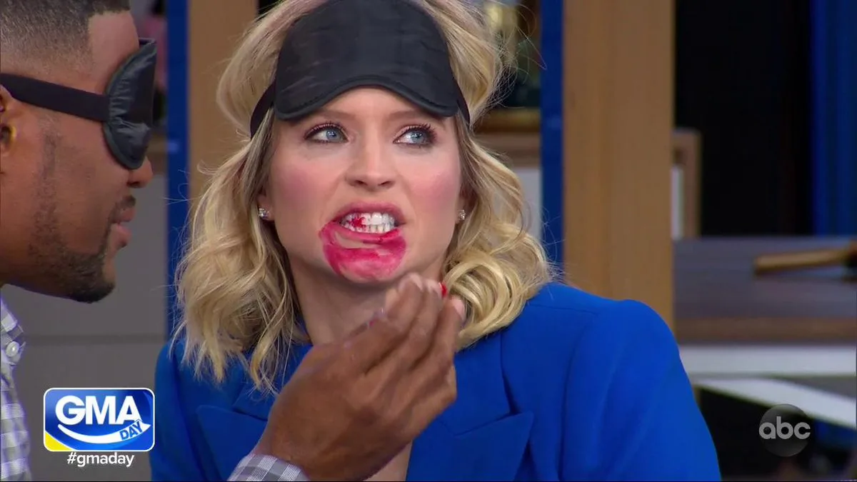 #BirdBoxChallenge: @michaelstrahan attempts to put lipstick on @sarahaines with a blindfold on! #GMADay