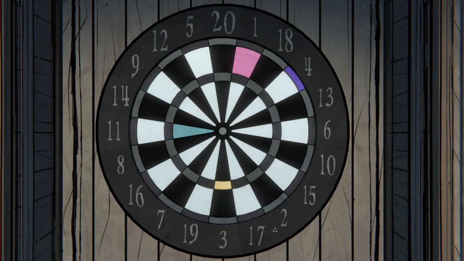 A dart board with different colored sections