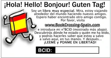 Spanish BookCrossing printable tracking label inviting finders to enter its BCID and pass the book on