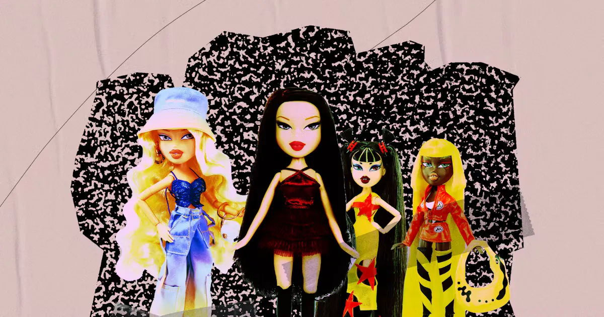 Original Bratz dolls posed against a glitter backdrop.