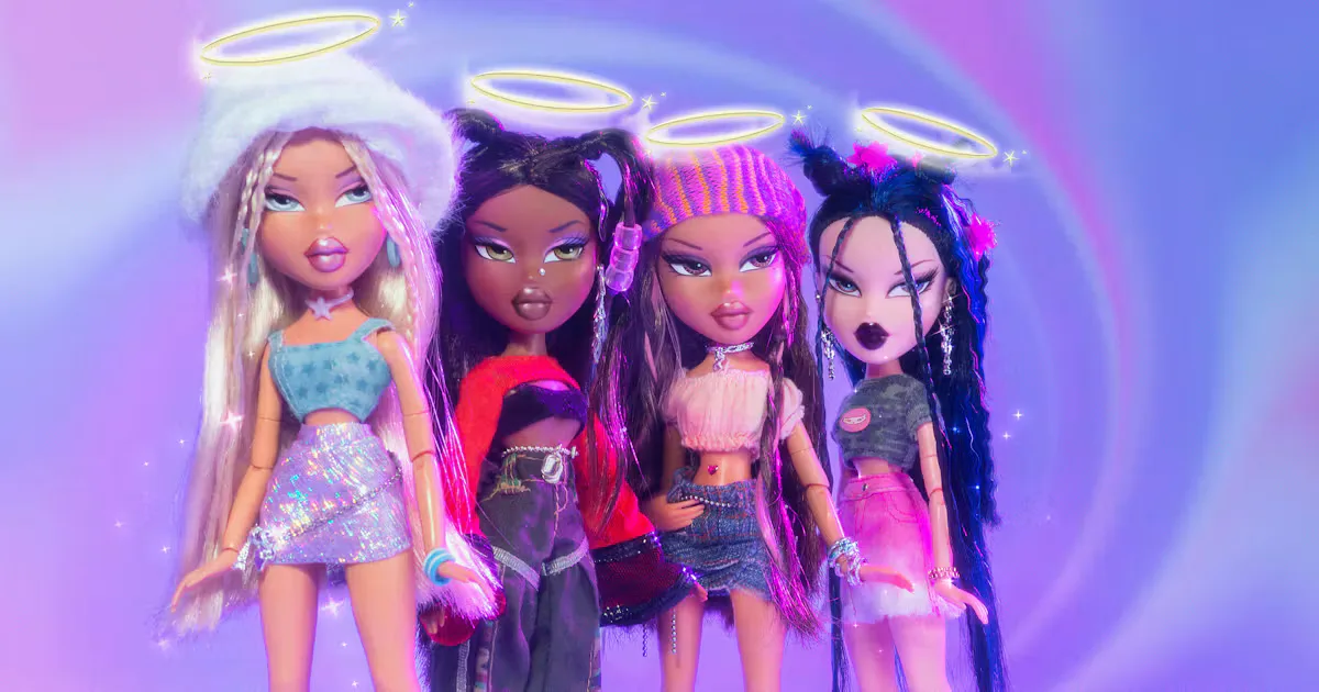 Bratz dolls in a pastel promotional image with halo graphics.