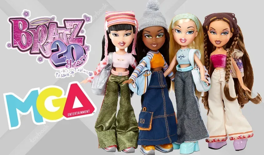 MGA's 20th-anniversary reissue of the original 2001 Bratz dolls, with the Bratz and MGA logos.