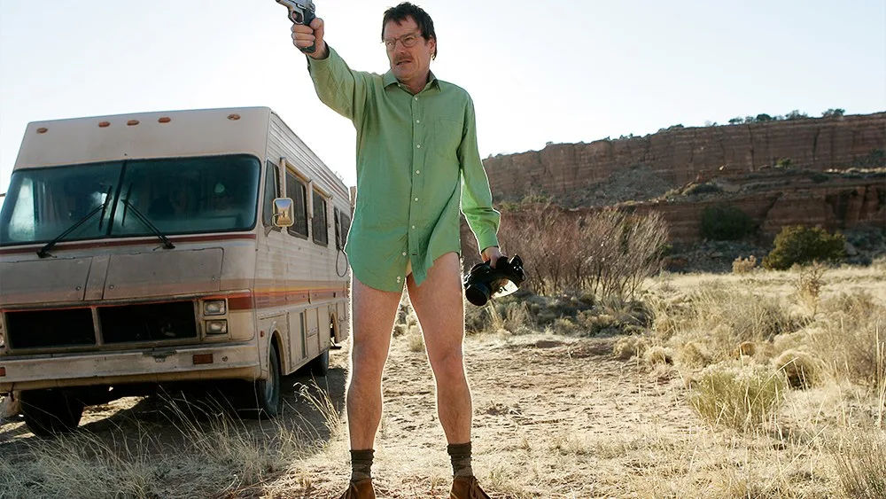 Walt in his underwear beside the RV, from the pilot