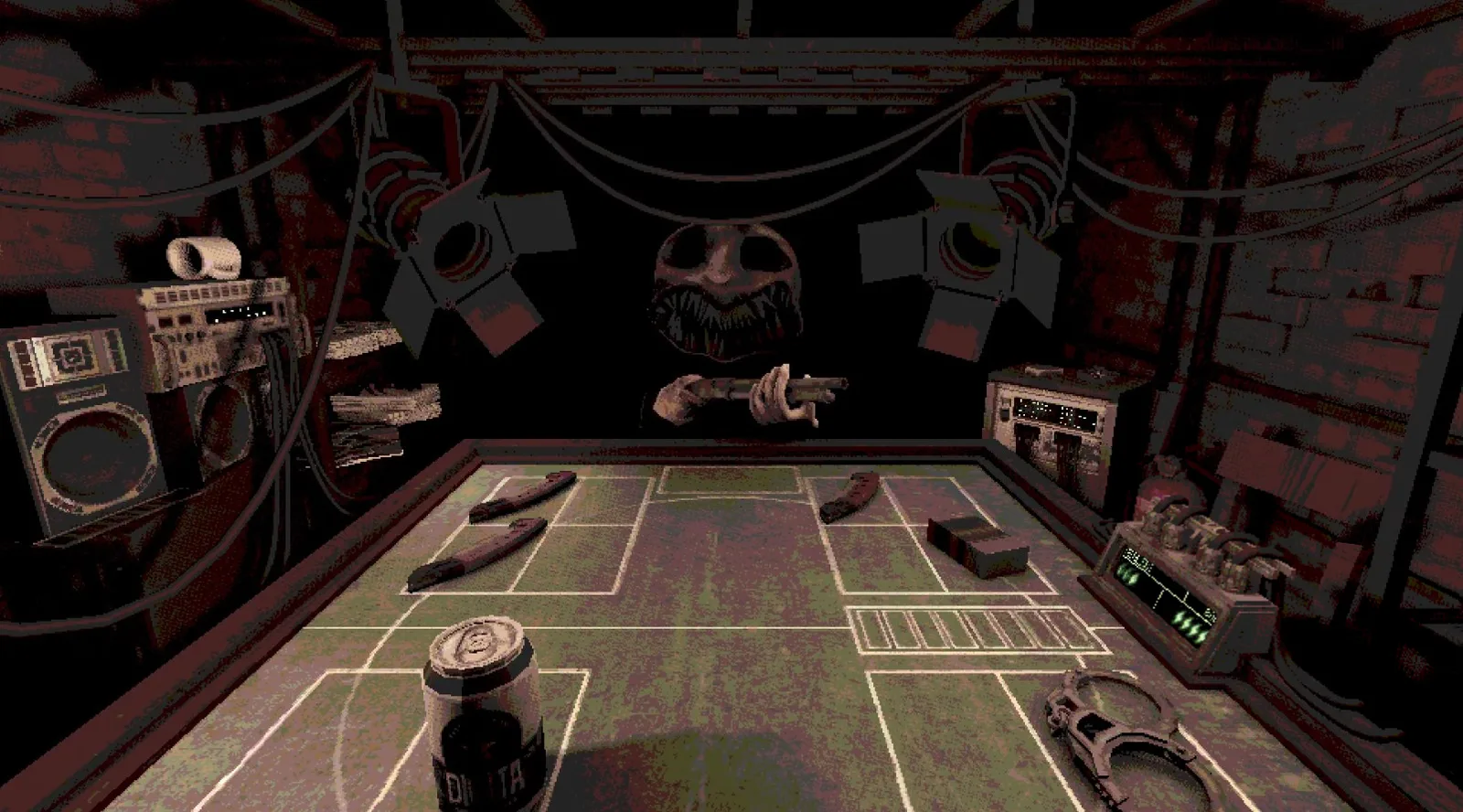The Dealer holds the shotgun across a table covered with items in Buckshot Roulette.