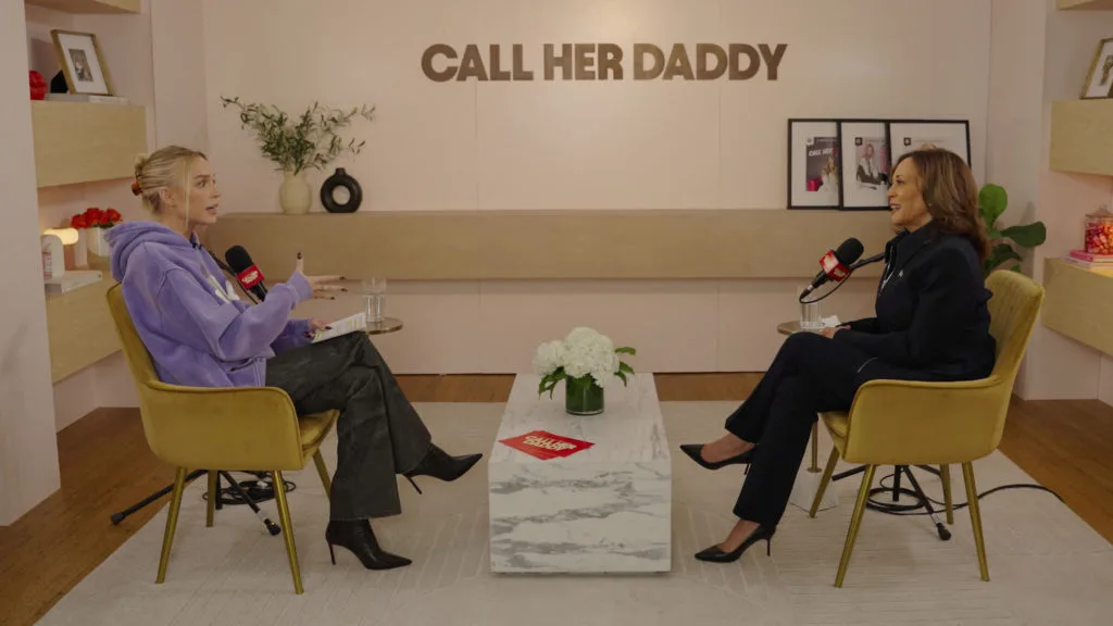 Kamala Harris on the Call Her Daddy set with Alex Cooper