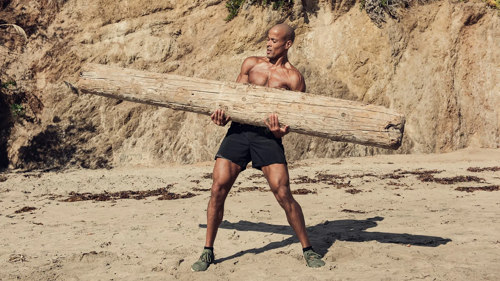 Goggins carries a log across a beach
